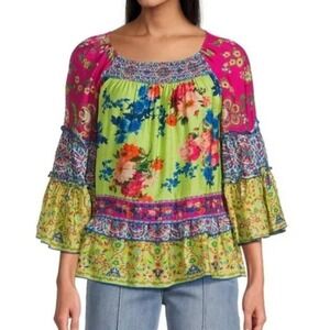 John Mark 3X Scoop‎ Neck Ruffle Sleeve Multicolor Spring Fling Top NWT